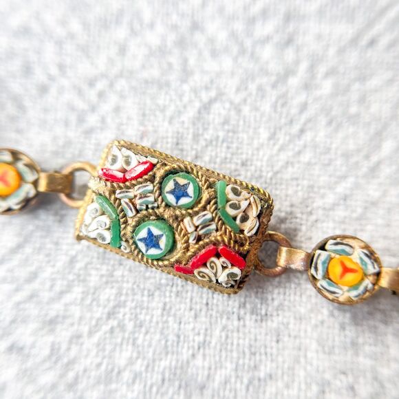 Antique Italian Micro Mosaic Bracelet - Gilt Brass - Estate Costume Jewelry - Picture 5 of 16